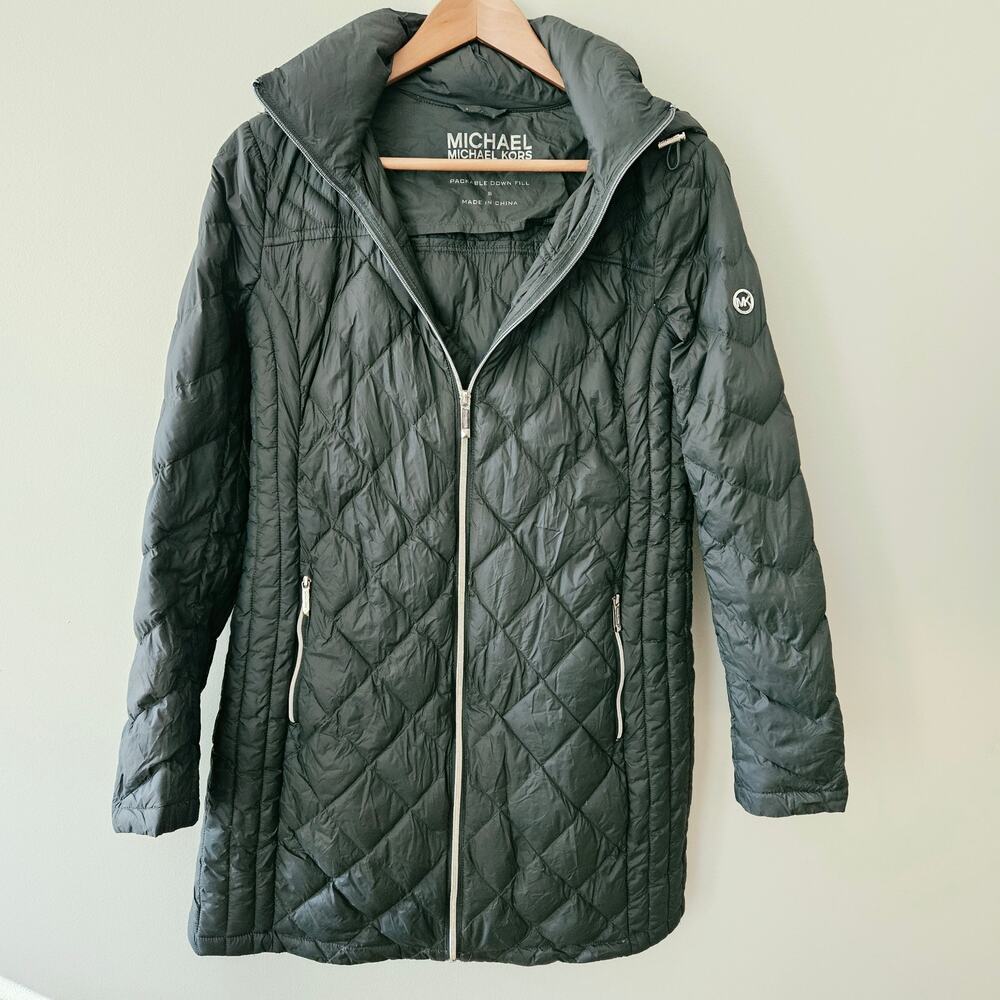 Michael Kors Packable Down Fill Coat Small Green Hood Travel Lightweight